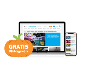 Tablet und Smartphone mit der Donaukurier.de Ansicht, davor ein oranger Kürbis in dem Gratis Kürbisgewürz steht